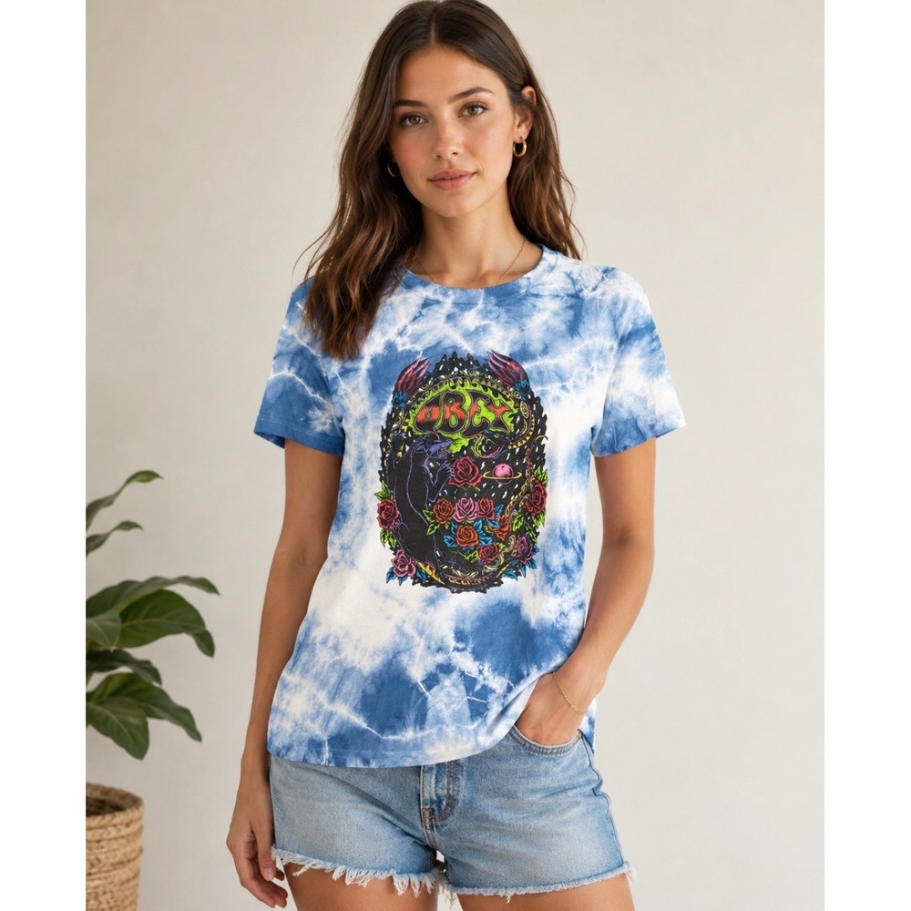 Obey No 89 Womens Blue Tie Dye Panther Rose Graphic T-Shirt Size Medium